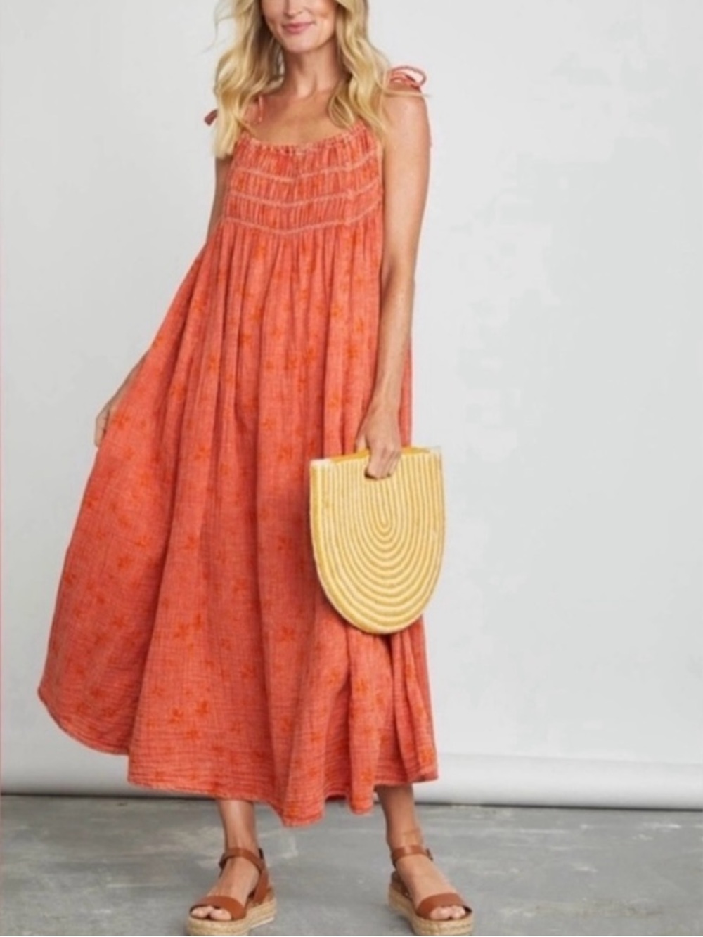 Free People Azure Smocked Tie-Shoulder Maxi Dress - Medium